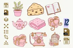 Cozy Coquette Cottagecore Clipart PNG SVG, Pink Tea Book Product Image 1