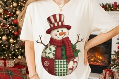 Patchwork Snowman PNG, Christmas quilted snowman Png. Product Image 2