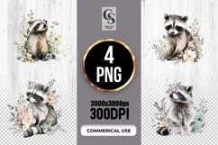 Floral Baby Raccoon Watercolor Clipart Sublimation PNG Product Image 1