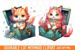Adorable Cat Mermaid Clipart, Watercolor Clipart Product Image 1