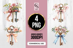 Vintage Floral Key Clipart Sublimation PNG Product Image 1