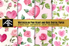 Watercolor Pink Heart and Rose Digital Paper Product Image 1