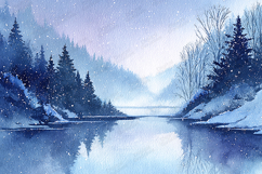 Snowy River Landscape Watercolor - Winter Forest Background Product Image 1