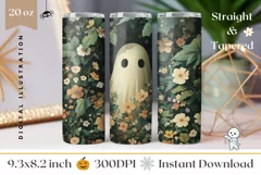 Cartoon Ghost Tumbler Wrap, Floral Halloween Tumbler PNG Product Image 1