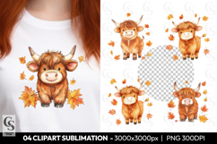 Highland Cow With Leaves Clipart Sublimation PNG Product Image 1