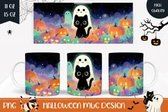 Halloween Black Cat Mug PNG, Kawaii Halloween Mug Wrap Product Image 1