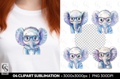 Cute Elephant With Glasses Watercolor Clipart Sublimation Product Image 1