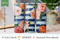 Cute Flowers Tumbler Wrap, Blue Stripes Tumbler Template Product Image 1