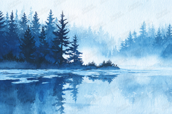 Blue Misty Forest Lake Reflection - Watercolor Landscape Art Product Image 1