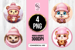Cute Winter Animal in Pink Hat Sublimation PNG Product Image 1