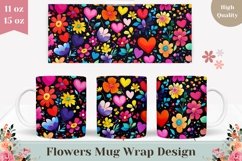 Cartoon Flowers Mug Wrap, Love Hearts Mug Sublimation Product Image 1