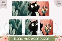 Cartoon Cat Mug Wrap, Flowers Mug, Tuxedo Cat With Flowers Product Image 1