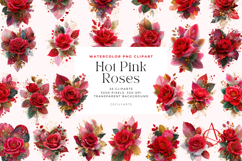 Watercolor Hot Pink Roses Cliparts Product Image 1