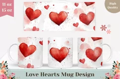 Red Hearts Mug Design, Watercolor Love Hearts Mug Wrap Product Image 1