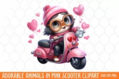Adorable Animals In Pink Scooter clipart, Watercolor Clipart Product Image 1