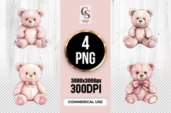 Pink Watercolor Teddy Bear Clipart Sublimation PNG Product Image 1