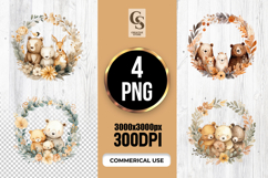 Watercolor Woodland Bear Floral Wreath Clipart PNG Product Image 1
