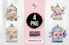 Floral Birdcage Watercolor Clipart Sublimation PNG Product Image 1
