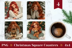 Red Hair Girl Square Coasters, Christmas Teddy Bear Coasters Product Image 1