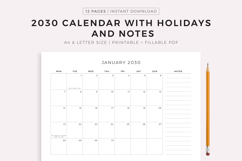 2030 Monthly Calendar with Holidays &amp; Notes, Printable Product Image 1
