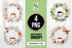 Coffee Cup Floral Wreath Clipart Sublimation PNG Product Image 1
