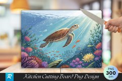 Sea Turtle in Ocean with Colorful Floral Cutting Board PNG Product Image 1