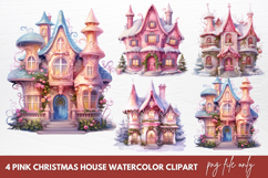 Pink Christmas House Watercolor Clipart Sublimation PNG Product Image 1