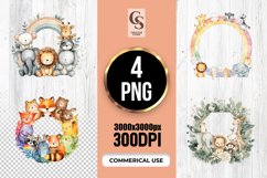 Cute Watercolor Baby Animals Wreath Clipart Sublimation PNG Product Image 1