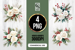 White Rose Berry Floral Watercolor Clipart PNG Product Image 1