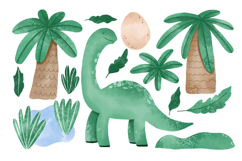 Cute Dinosaur and Jungle Set. Hand Drawn Watercolor Cartoon Product Image 1