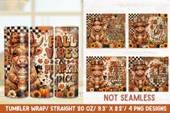 Fall Highland Cow 20 OZ Skinny Tumbler Wrap Sublimation Png. Product Image 1