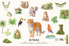 Jungle Watercolor Clipart Set Tropical Animals &amp; Plants PNG Product Image 1