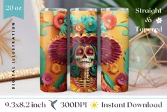 3D Sugar Skull Tumbler Wrap, 3D Flowers Tumbler Sublimation Product Image 1