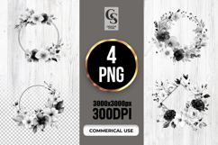 Black White Floral Wreath Watercolor Clipart Sublimation PNG Product Image 1