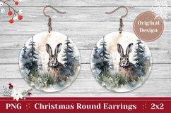 Christmas Round Earring, Watercolor Winter Hare Sublimation Product Image 1