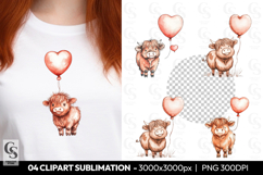 Highland Cow With Heart Balloon Clipart Sublimation PNG Product Image 1