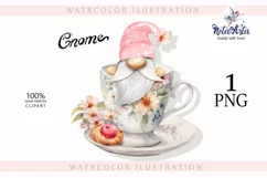 Watercolor gnome in a mug of tea with cookies, Gnome PNG Product Image 1