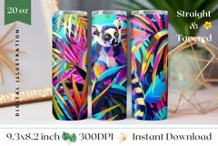 Lemur Tumbler Wrap Design, Neon Tropical Leaves Tumbler PNG Product Image 1