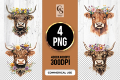 Highland Cow Floral Head Clipart Sublimation PNG Product Image 1