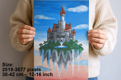 Floating castle on the rock island painting print. Fairytale Product Image 1