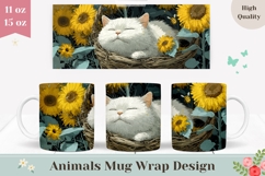 Cat Mug Design, Sunflowers Mug Wrap, Floral Mug PNG Product Image 1
