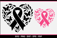 Black and Pink Breast Cancer Ribbon in Heart SVG Designs Product Image 2
