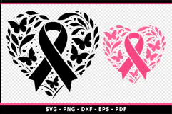Black and Pink Breast Cancer Ribbon in Heart SVG Designs Product Image 2