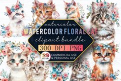 Watercolor Floral Cat Clipart Bundle, Animal PNG Product Image 1