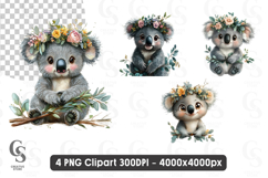 Cute Koala Clipart with Floral Crown PNG Product Image 1