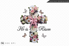 He Is Risen Floral Cross With Butterflies Sublimation PNG Product Image 1