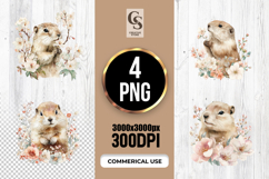 Watercolor Marmot Holding Flowers Clipart Sublimation PNG Product Image 1