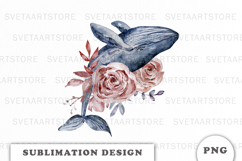 Watercolor Whale with Flowers png Product Image 1