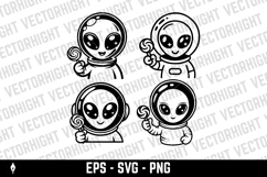 Black and white image of a cute alien holding a candy Product Image 1