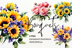 Watercolor PNG sunflower, lavender and peonies bouquets Product Image 1